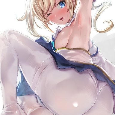 genshin impact, barbara (genshin impact), uenoryoma, 1girls, alternate breast size, armpits, arms up, ass, blonde hair, blue eyes, blush, breasts, bubble butt, clothed, clothed female