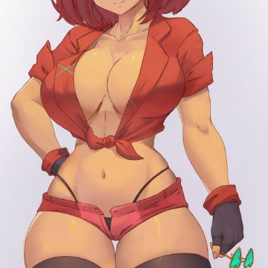 nintendo, xenoblade (series), xenoblade chronicles 2, pyra, lesottart, 1girls, bangs, black panties, booty shorts, breasts, crop top, female, female only, hand on hip, hips