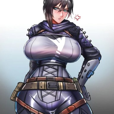 apex legends, wraith (apex legends), badcompzero, 1girls, angry face, ass, ass expansion, big ass, big breasts, big butt, blush, blushing at viewer, bottom heavy, breast expansion, breasts