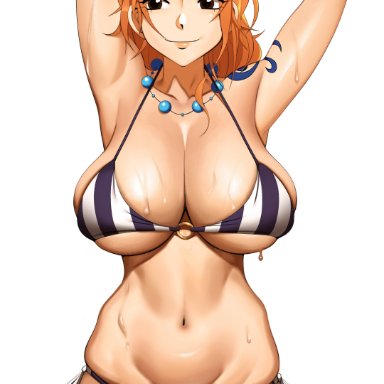 one piece, nami, kevbot, 1girls, armpits, arms behind head, arms up, bikini, breasts, brown eyes, cleavage, female, female only, hips, huge breasts