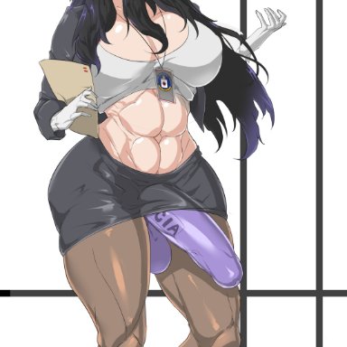 tenchizone, 1futa, abs, bangs, bulge, central intelligence agency, cleavage, folder, futanari, glasses, gloves, id card, large breasts, large penis, muscular