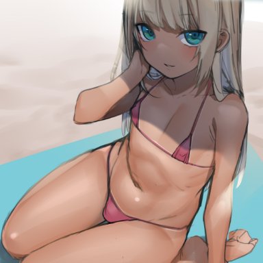 original, tawapo, 1boy, beach, beach towel, beach umbrella, bikini, blonde hair, bulge, crossdressing, dark-skinned femboy, dark-skinned male, dark skin, eyebrows visible through hair, feet