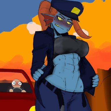 deltarune, undertale, undertale (series), undyne, undyne (deltarune), krekk0v, 1female, abs, anthro, anthro focus, being watched, belt, belt buckle, belt unbuckled, big breasts