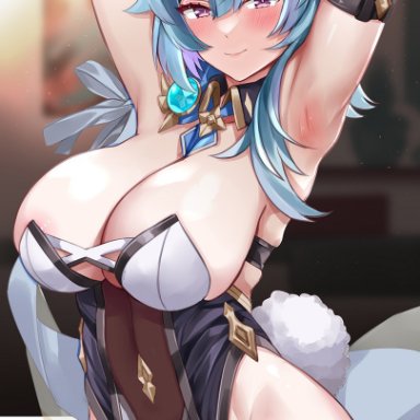 genshin impact, eula (genshin impact), alternate costume, animal ears, arm strap, armpits, arms up, bangs, blue hair, breasts, female, large breasts, leotard, light particles, looking at viewer