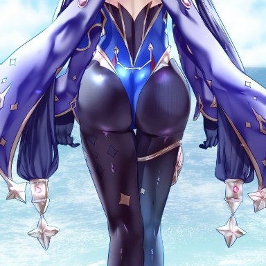 genshin impact, mona (genshin impact), uenoryoma, ass, back, beach, black gloves, black hair, black legwear, blue cape, blue headwear, blue leotard, blue sky, bodystocking, cape