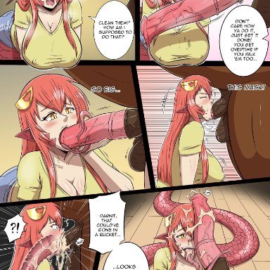 monster musume no iru nichijou, miia (monster musume), pervyguts, 1futa, 1girl, 1girls, 2girls, animal genitalia, animal penis, balls, blowjob, blush, breasts, clothed, cum