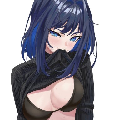 hololive, hololive english, ouro kronii, belly, belly button, big breasts, bite shirt, blue hair, bra, breasts, fangs, goddess, large breasts, sharp teeth, shirt bite