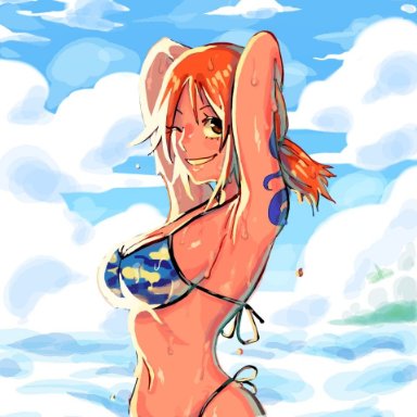 one piece, nami, 1girls, abs, abstract background, arms above head, arms behind head, arms up, ass, big breasts, bikini, blue sky, clouds, female, female focus