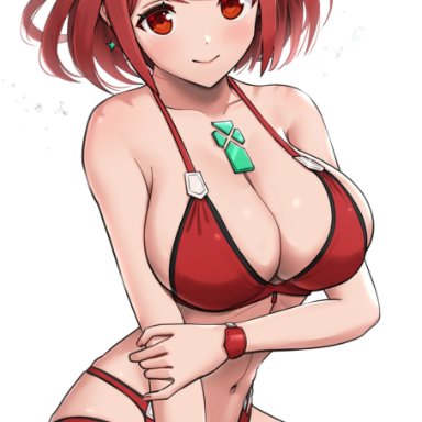 nintendo, xenoblade (series), xenoblade chronicles 2, pyra, gonzarez, 1girls, bangs, big breasts, bikini, blush, breasts, cleavage, clothed, female, female focus