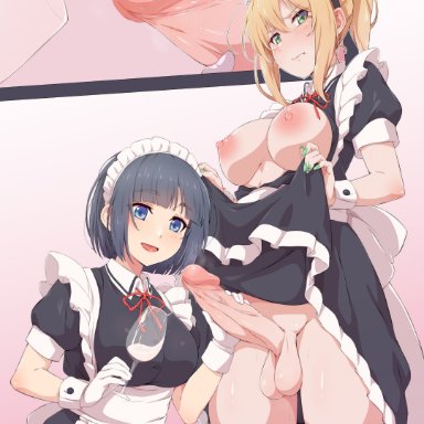 original, kujya, 1futa, 1girls, apron, balls, big breasts, big penis, black dress, black legwear, blonde hair, blue eyes, blue hair, breasts, breasts out