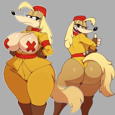 cuphead (game), pilot saluki (cuphead), sssonic2, anthro, ass, big breasts, big butt, black eyes, breasts, canid, canine, canis, clothed, clothing, domestic dog
