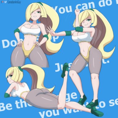 nintendo, nintendo moms animation (minus8), pokemon, pokemon sm, lusamine (pokemon), canadiananiguy, ass, athletic, big ass, blonde hair, breasts, cleavage, green eyes, gym clothes, hair over one eye