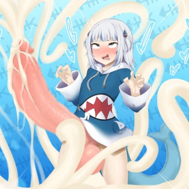 hololive, gawr gura, ftnranat, 1futa, 5 fingers, ahe gao, animal humanoid, balls, big balls, big penis, blue eyes, blush, bodily fluids, bottomless, clothed