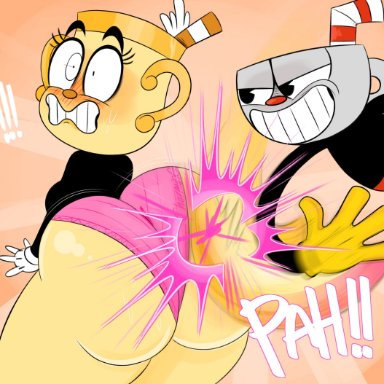 cuphead (game), cuphead, ms. chalice, ota (artist), 1boy, 1girls, ass, ass slap, bean smile, big ass, big butt, bottom heavy, bubble ass, bubble butt, clenched teeth