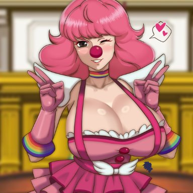 gyakuten saiban, geiru toneido, moilancelot, 1girls, big breasts, bikini, breasts, clown, clown girl, clown nose, female, female focus, female only, gloves, huge breasts