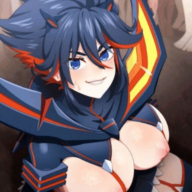 kill la kill, kamui (kill la kill), matoi ryuuko, neocoill, 3boys, ahe gao, background characters, black hair, black high heel boots, black miniskirt, black sleeves, blowjob, blue eyes, blush, cum