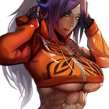 bleach, shihouin yoruichi, xuuikie, abs, belly, big breasts, breasts, dark-skinned female, dark skin, fit, fit female, large breasts, muscular, muscular female, purple hair