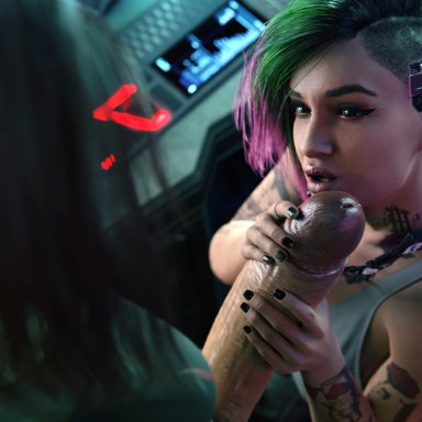 cyberpunk 2077, judy alvarez, v (cyberpunk 2077), rigid3d, 1futa, 1girls, female, futa on female, futanari, handjob, huge cock, penis, 3d, 4k, absurdres