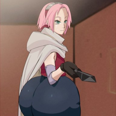 naruto, naruto (series), naruto shippuden, sakura haruno, nimebooty, 1girls, alternate hairstyle, ass, ass focus, back view, bent knees, bent over, big ass, blue pants, bubble ass