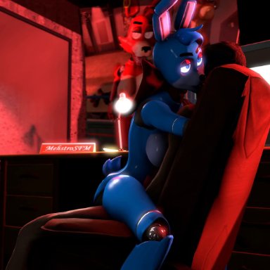 five nights at freddy's, bonnie (fnaf), mehstrosfm, 1boy, 1girls, ambiguous penetration, anthro, athletic female, blindfold, blue eyes, blue hair, breasts, bunny ears, bunny girl, bunny tail