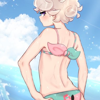 game freak, nintendo, pokemon, pokemon (game), pokemon ss, bede (pokemon), btms666, 1boy, ass, back view, beach, bikini, blush, bulge, crossdressing