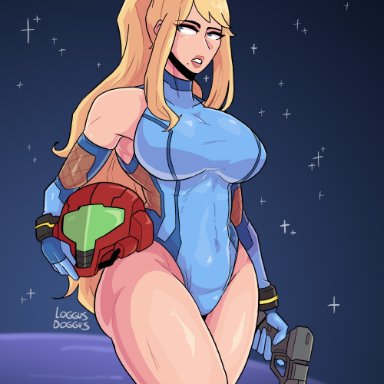 metroid, nintendo, samus aran, zero suit samus, loggus doggus, alternate costume, beauty mark, blonde hair, blue eyes, bodysuit, fishnet, fishnets, gun, helmet, helmet removed