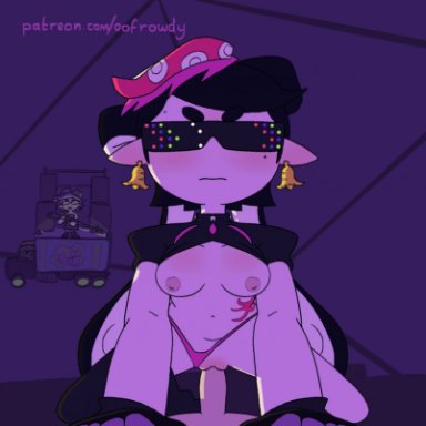 nintendo, splatoon, splatoon (series), callie (splatoon), inkling, marie (splatoon), squid sisters (splatoon), oofrowdy, areola, arm support, beauty mark, black clothing, black fingerless gloves, black gloves, black hair