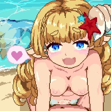 gomadare (310329), beach, blonde hair, blue eyes, blush, bodily fluids, bouncing breasts, breasts, curled hair, ear fins, female, fin, genital fluids, hair, human