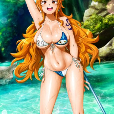 one piece, nami, kellzallday, 1girls, bikini, breasts, brown eyes, cleavage, female, female only, hips, huge breasts, long hair, orange hair, outdoors