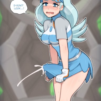 pokemon, pokemon sm, kahili (pokemon), afrobull, 1futa, big penis, blue clothing, blue hair, blush, breasts, clothed, clothing, cock, cum, cum through clothes