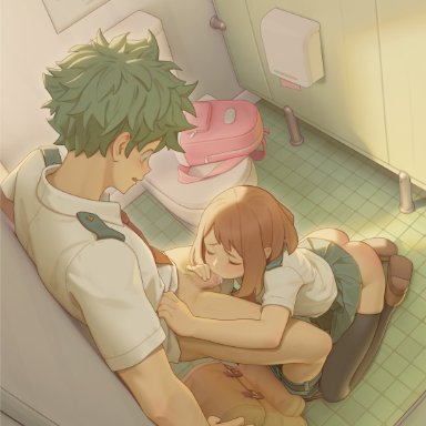 my hero academia, izuku midoriya, ochako uraraka, bartolomeobari, ass, black legwear, black stockings, blowjob, blush, brown hair, brown shoes, closed eyes, fellatio, green skirt, handjob