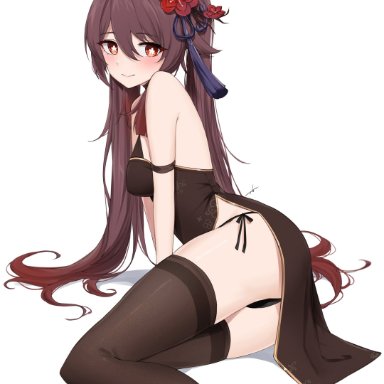 genshin impact, hu tao (genshin impact), feintheart721, sunny721, bunny costume, bunny ears, flower in hair, heels, high heels, revealing clothes, small breasts, thick, thick thighs, thighs