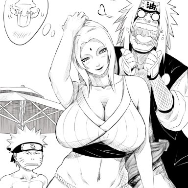 naruto, naruto (classic), naruto (series), jiraiya, tsunade, uzumaki naruto, 1girls, 2boys, before sex, big breasts, big penis, blush, bottomless, breasts, crop top