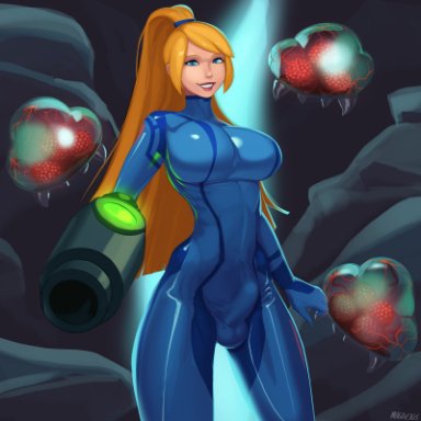 metroid, samus aran, zero suit samus, magnetus, 1futa, big breasts, blonde hair, breasts, bulge, clothed, clothing, erection, erection under clothes, fully clothed, futa only