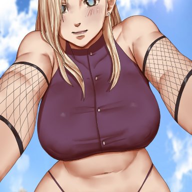 naruto, naruto (series), naruto shippuden, ino yamanaka, donyta, 1girls, big breasts, blonde hair, blue eyes, blush, breasts, crop top, elbow pads, female, female only