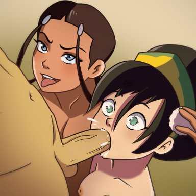 avatar the last airbender, katara, toph bei fong, lee tape, 1boy, 1male, 2females, 2girls, bedroom eyes, black hair, blowjob, blue eyes, blush, breasts, brown hair