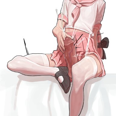 fate/grand order, astolfo (fate), monster frog, 1boy, crossdressing, cum, erection, femboy, girly, penis, pink hair, sitting, skirt, smile, white background