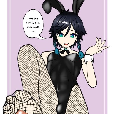 genshin impact, venti (genshin impact), mugibunbun, black nails, bunny boy, bunny ears, bunnysuit, cute, femboy, fishnets, foot fetish, footjob, footjob with legwear, gay fetish, painted toenails