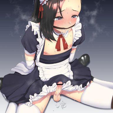 hokuro ryuuseigun, 1boy, apron, balls, blue eyes, blush, brown hair, cum, femboy, girly, legwear, long hair, maid, maid headdress, maid uniform