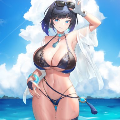 genshin impact, yelan (genshin impact), morung, 1girls, adjusting eyewear, arm up, armpits, ass visible through thighs, asymmetrical gloves, bangs, bikini, black hair, blue bikini, blue eyes, blue hair