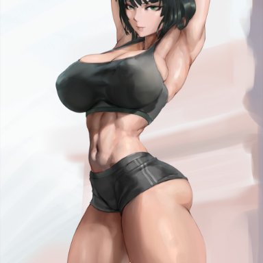 one-punch man, fubuki (one-punch man), simhugger, 1girls, abs, areola bulge, arm grab, armpits, arms behind head, arms up, ass, athletic, athletic female, bangs, belly