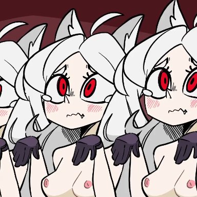 helltaker, cerberus (helltaker), diives, 3girls, ahe gao, arms up, black tail, blush, blushing, body, devil tail, dog ears, dog pose, ears, female