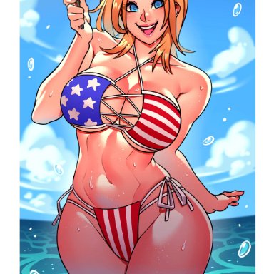 4th of july, dead or alive, tina armstrong, ravenousruss, big breasts, breasts, female, flag bikini, looking at viewer, national personification, thick thighs, united states of america, usa
