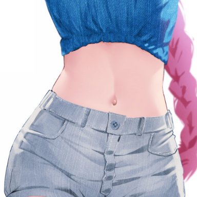 fate/grand order, fate (series), astolfo (fate), eutoria, 1boy, arms up, black choker, blue shirt, braid, choker, collarbone, cowboy shot, crop top, grey shorts, head out of frame