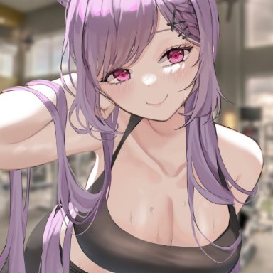 genshin impact, keqing (genshin impact), alternate breast size, alternate costume, armpits, bangs, bare arms, bare shoulders, bent over, big breasts, black bra, black pants, blurry, blurry background, blush