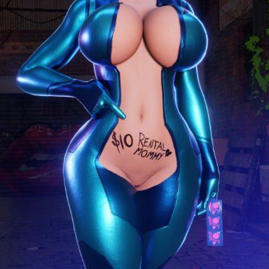 metroid, samus aran, sarah bryant (model), guidugalle, big breasts, bimbo, blonde hair, blue lipstick, female, female only, prostitution, rental mommy, solo, thick ass, thick thighs