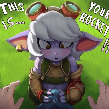 league of legends, riot games, tristana, yordle, cranihum, 1boy, 1girls, big penis, erection, erection under clothes, grabbing, penis awe, short stack, shortstack, size difference