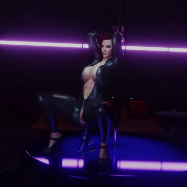 cyberpunk 2077, v (cyberpunk 2077), lewdgazer, 1girls, anal, catsuit, clothed, dildo, exhibitionism, female, heels, lipbite, riding, sex toy, solo focus