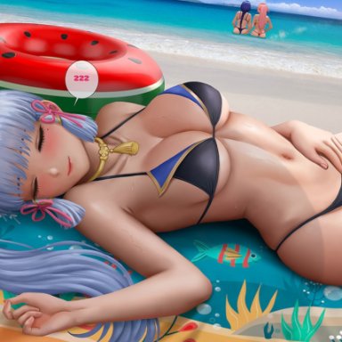 genshin impact, kamisato ayaka, raiden shogun, yae miko, alexander dinh, beach, bikini, female, female focus, grey hair, laying down, laying on back, sleeping, zzz, tagme