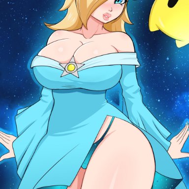 mario (series), nintendo, super mario galaxy, luma, princess rosalina, akkoh, 1girls, bare shoulders, big breasts, blonde hair, blue eyes, breasts, brooch, cleavage, clothing